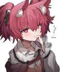  1girl :o animal_ear_fluff animal_ears arknights bangs blush collarbone collared_shirt commentary eyebrows_visible_through_hair fox_ears fox_girl hair_between_eyes hair_ornament hand_up highres looking_at_viewer open_mouth pink_hair raw_egg_lent red_eyes shamare_(arknights) shirt solo translated twintails upper_body white_shirt 