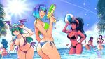  6+girls absurdres aqua_hair arm_up asami_sato avatar_(series) ball bangs beachball bikini bikini_top_removed black_bikini black_hair blue_eyes blue_hair blue_sky blunt_bangs breasts cleavage cloud cloudy_sky colored_skin demon_tail dreamgirl_(iahfy) eyewear_on_head felicia_(vampire) food from_behind gradient_hair green_eyes green_hair green_nails head_wings heart highres holding holding_ball holding_beachball holding_water_gun horizon horns iahfy korra large_breasts leaning_forward long_hair low_wings medium_breasts morrigan_aensland multicolored_hair multiple_girls navel one_eye_closed open_mouth original partially_submerged plant pointy_ears ponytail popsicle print_bikini purple_bikini purple_nails red_bikini red_horns red_skin short_hair sky small_breasts smile sparkle swimsuit synth_(iahfy) tail tan tanline the_legend_of_korra vampire_(game) water_gun wings 