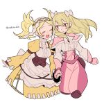  2girls apron bangs blonde_hair blush bow closed_eyes cravat do_m_kaeru dress drill_hair earrings eyebrows_visible_through_hair fire_emblem fire_emblem_awakening gloves hair_between_eyes hair_bow hair_ornament holding_hands jewelry lissa_(fire_emblem) long_hair long_sleeves maribelle_(fire_emblem) multiple_girls open_mouth pants pink_gloves puffy_sleeves smile twintails twitter_username white_background white_bow 