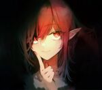  1girl dark_background darkness eyebrows_visible_through_hair eyes_visible_through_hair face finger_to_cheek head_wings koakuma looking_away nail_polish pointy_ears red_eyes red_hair red_nails risui_(suzu_rks) simple_background smile solo touhou 
