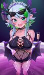  1girl absurdres blush breasts bsapricot_(vtuber) demon_horns eyewear_on_head fang foxyreine highres horns large_breasts making-of_available navel open_mouth pointy_ears purple_liquid skin_fang standing tongue virtual_youtuber vshojo wings 