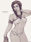  1girl arm_up armlet assassin&#039;s_creed:_odyssey assassin&#039;s_creed_(series) braid braided_ponytail breasts character_name hair_over_shoulder iahfy kassandra_of_sparta looking_at_viewer monochrome navel simple_background small_breasts smile solo toned white_background 