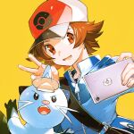  1boy bag baseball_cap blue_bag blue_jacket brown_eyes brown_hair cellphone commentary_request dewott gen_5_pokemon hat hilbert_(pokemon) holding holding_phone jacket lower_teeth male_focus newo_(shinra-p) open_mouth phone pokemon pokemon_(creature) pokemon_(game) pokemon_bw pose selfie shirt short_hair shoulder_bag smile tongue v yellow_background zipper zipper_pull_tab 