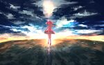  1girl arm_at_side backlighting blue_sky bow brush_stroke bubble_skirt cloud cloudy_sky dark_sky facing_away fisheye from_behind ground horizon impressionism kaname_madoka knees_together_feet_apart lens_flare light light_particles light_rays mahou_shoujo_madoka_magica outdoors outstretched_arm pink_bow pink_hair puffy_short_sleeves puffy_sleeves red_footwear short_sleeves short_twintails skirt sky socks solo sunlight sunset twintails waist_bow watanuki_uchiha white_legwear white_skirt wide_shot yellow_sky 