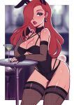  1girl animal_ears artist_name black_nails blurry blurry_background border breasts bunny_ears bunny_tail cleavage cocktail cocktail_glass cowboy_shot cup drinking_glass earrings english_text eyeshadow fingerless_gloves fishnet_gloves fishnets gloves grey_eyes hair_over_one_eye hand_up iahfy jessica_rabbit jewelry large_breasts lingerie lipstick long_hair looking_at_viewer makeup orange_hair parted_lips red_lips solo table tail thighhighs underwear white_border who_framed_roger_rabbit 