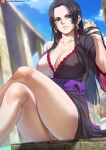  1girl ass black_hair blue_eyes boa_hancock breasts cleavage collarbone commentary crossed_legs earrings highres jewelry large_breasts legs_up long_hair looking_at_viewer looking_down one_piece one_piece:_stampede panties purple_sash sash shexyo sitting snake_earrings solo thighs underwear 