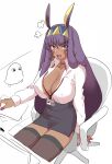  absurdres angry animal_ears bangs breasts choker cleavage covered_nipples dark-skinned_female dark_skin dora_v_nu earrings facial_mark fate/grand_order fate_(series) hairband highres hoop_earrings jackal_ears jewelry large_breasts long_hair nitocris_(fate) office_lady open_clothes open_mouth partially_colored sitting 