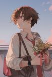  1boy absurdres bag blue_sky bouquet brown_bag brown_eyes brown_hair chyoel copyright_request day flower highres holding long_sleeves male_focus necktie outdoors parted_lips red_neckwear rose shirt short_hair shoulder_bag sky smile solo upper_body watch white_shirt wristwatch yellow_flower yellow_rose 