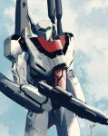  absurdres airborne cloud energy_cannon gunpod highres macross macross:_do_you_remember_love? macross:_the_first mecha original realistic redesign science_fiction shoulder_cannon signature sketch solo themimig u.n._spacy upper_body variable_fighter vf-1 vf-1_strike vf-1s 