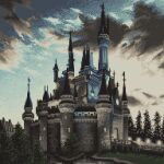  battlement castle cloud daisen_(specialdaisen) disney highres light no_humans outdoors pixel_art scenery sky still_life tower tree 