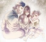  1girl 2boys :o arm_wrap barefoot beard black_hair blue_headwear brown_eyes child clenched_hand dororo_(character) dororo_(tezuka) facial_hair hair_over_one_eye hyakkimaru_(dororo) japanese_clothes jukai_(dororo) kimono leg_wrap multiple_boys sitting smile sugahara_ryuu tasuki 