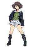  1girl akiyama_yukari blue_jacket blue_legwear boots brown_eyes brown_hair contrapposto girls_und_panzer green_shirt hands highres jacket onsen_tamago_(hs_egg) ooarai_military_uniform shirt skirt smile solo spread_legs white_background white_skirt zipper_footwear 