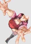  1girl boots breasts cleavage cleavage_cutout clothing_cutout cropped_jacket from_above hair_over_eyes hands_up highres looking_up open_mouth otsudou perspective shermie_(kof) simple_background solo the_king_of_fighters the_king_of_fighters_xv 