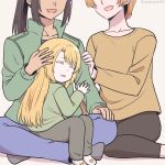  3girls blonde_hair brown_hair child commentary_request couple eyebrows_visible_through_hair headpat highres kumaman mother_and_daughter multiple_girls nishina_toriko parent_and_child sitting sleeping twitter_username urasekai_picnic wife_and_wife yuri 