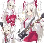  .me 1girl absurdres baggy_pants bangs bow buttons collared_shirt commentary_request electric_guitar fujiwara_no_mokou guitar hair_bow highres hime_cut instrument long_hair long_sleeves multiple_views ofuda ofuda_on_clothes pants plectrum red_eyes red_pants shirt sidelocks silver_hair simple_background sleeve_garter suspenders touhou translation_request very_long_hair white_background white_bow white_shirt 