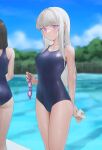  2girls bangs black_hair blue_sky blue_swimsuit blurry blurry_background blush breasts closed_mouth cloud commentary_request eyebrows_visible_through_hair feet_out_of_frame fence goggles holding holding_goggles long_hair looking_at_viewer medium_breasts multiple_girls ni_(221) one-piece_swimsuit original outdoors pool purple_eyes sky solo_focus swimsuit tree white_hair 