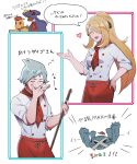  1boy 1girl alternate_costume alternate_hairstyle apron blonde_hair buttons closed_eyes cynthia_(pokemon) dragonite eyelashes garchomp gen_1_pokemon gen_3_pokemon gen_4_pokemon hair_ornament hair_over_one_eye hand_on_hip hand_up hatted_pokemon jewelry john_(user_wmrz3824) metagross necktie open_mouth pokemon pokemon_(creature) pokemon_(game) pokemon_cafe_mix pokemon_dppt pokemon_rse ponytail red_neckwear ring shirt sleeves_rolled_up smile speech_bubble translation_request upper_teeth waist_apron wallace_(pokemon) white_shirt |d 