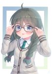  1girl adjusting_eyewear blue_eyes blush braid commentary_request glasses green_hair hair_between_eyes highres long_hair looking_at_viewer open_mouth princess_connect! school_uniform simple_background solo teren twin_braids yuni_(princess_connect!) yuni_(real)_(princess_connect!) 