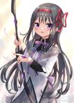  1girl akemi_homura arrow_(projectile) asukaru_(magika_ru) black_hair bow bow_(weapon) hairband highres holding holding_bow_(weapon) holding_weapon long_hair looking_at_viewer magical_girl mahou_shoujo_madoka_magica open_mouth purple_eyes simple_background smile solo weapon 