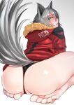  1girl animal_ears anus_peek arknights ass bangs bare_legs barefoot black_panties blush eyebrows_visible_through_hair feet from_behind full_body fur-trimmed_hood fur_trim grey_hair grey_shirt hair_between_eyes highres hood hood_down hooded_jacket jacket long_hair looking_at_viewer looking_back mixed-language_commentary no_pants open_mouth panties partially_visible_vulva projekt_red_(arknights) red_jacket seiza shirt short_sleeves sidelocks sitting soles tail thong toes underwear white_background wolf_ears wolf_girl wolf_tail yamauchi_(conan-comy) yellow_eyes 