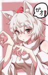  1girl animal_ear_fluff animal_ears bare_shoulders breasts brown_eyes claw_pose commentary detached_sleeves gao hat highres inubashiri_momiji light_blush looking_at_viewer medium_breasts parted_lips pink_background pom_pom_(clothes) short_hair sireia_round solo tokin_hat touhou translated turtleneck upper_body white_hair wolf_ears 
