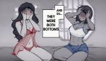  2girls and_so_they_were_both_bottoms arms_up artist_name asami_sato avatar_(series) babydoll black_hair blue_panties blue_shorts blush bow bow_panties bra breasts cleavage cowboy_shot dark-skinned_female dark_skin english_text hands_on_own_cheeks hands_on_own_face iahfy indoors korra lace-trimmed_panties lace_trim long_hair meme multiple_girls navel no_eyes on_bed panties red_babydoll red_panties short_hair shorts sitting spaghetti_strap sports_bra spot_color sweatdrop the_legend_of_korra toned underwear underwear_only white_bra window yuri 