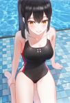  1girl bangs barefoot black_hair blush breasts cleavage collarbone commentary_request covered_navel highres kfr lips medium_breasts one-piece_swimsuit original pool sidelocks sitting smile solo swimsuit thighs water wet yellow_eyes yokozuwari 