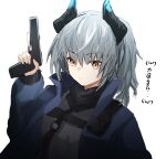  1girl arknights blue_jacket commentary dragon_horns grey_hair grey_shirt gun hand_up highres holding holding_gun holding_weapon horns jacket liskarm_(arknights) open_clothes open_jacket raw_egg_lent shirt short_hair simple_background sketch solo translation_request upper_body weapon white_background yellow_eyes 