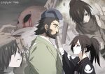  2boys age_progression beard black_eyes black_hair blood blue_headwear crying dated dororo_(tezuka) eye_contact facial_hair hand_on_another&#039;s_cheek hand_on_another&#039;s_face hyakkimaru_(dororo) japanese_clothes jukai_(dororo) kimono long_hair looking_at_another multiple_boys ponytail profile prosthesis prosthetic_arm suzukou thick_eyebrows younger 