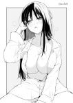  1girl blush breasts collarbone grey_background greyscale heavy_breathing highres kichihachi large_breasts long_hair looking_at_viewer monochrome open_clothes open_mouth open_shirt original simple_background sitting solo sweat twitter_username two-tone_background white_background 