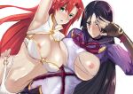  2girls arm_up armpits bangs bare_arms bare_shoulders bikini black_hair boudica_(fate) breasts fate/grand_order fate_(series) fingerless_gloves gloves green_eyes hair_between_eyes japanese_clothes jikihatiman large_breasts long_hair minamoto_no_raikou_(fate) multiple_girls nipples purple_eyes red_hair stomach swimsuit torn_clothes 