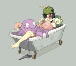  &gt;_&lt; 1boy bangs barefoot bath bathing bathtub black_hair claw_foot_bathtub closed_mouth commentary_request ditto dripping gen_1_pokemon gen_3_pokemon gen_5_pokemon grey_background grey_eyes grimer gulpin knees liquid looking_up male_focus newo_(shinra-p) nude on_head pokemon pokemon_(creature) pokemon_on_head short_hair sideways_glance simple_background slime_(substance) smile solid_circle_eyes solosis sweatdrop toes 
