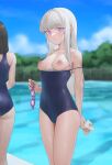  2girls bangs black_hair blue_sky blue_swimsuit blurry blurry_background blush breasts closed_mouth clothes_pull cloud commentary_request eyebrows_visible_through_hair feet_out_of_frame fence goggles holding holding_goggles long_hair looking_at_viewer medium_breasts multiple_girls ni_(221) nipples one-piece_swimsuit original outdoors pool purple_eyes sky smile solo_focus swimsuit swimsuit_pull tree white_hair 