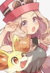  1girl :o bare_arms blonde_hair blush breasts collarbone collared_shirt commentary_request eyelashes fennekin gen_6_pokemon grey_eyes grey_shirt hand_up hat long_hair looking_at_viewer open_mouth pink_headwear pokemon pokemon_(creature) pokemon_(game) pokemon_xy red_skirt sasairebun serena_(pokemon) shirt skirt sleeveless sleeveless_shirt starter_pokemon sunglasses tongue white-framed_eyewear 