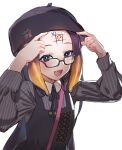  1girl :d beret black_headwear black_neckwear black_ribbon blue_eyes bow_(bhp) fang forehead glasses hat hololive hololive_english long_hair long_sleeves looking_at_viewer mole mole_under_eye ninomae_ina&#039;nis open_mouth purple_hair ribbon shiny simple_background sketch smile solo striped tic-tac-toe upper_body vertical_stripes virtual_youtuber white_background 