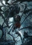  armor bag black_cape boots cape chasm commentary crown english_commentary full_armor giant giant_monster giant_spider helge_c._balzer highres holding holding_bag horror_(theme) legendarium metal_boots morgoth the_silmarillion ungoliant 