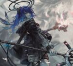  1girl arknights artist_request bag bangs blue_eyes blue_hair check_artist check_source eyebrows_behind_hair gloves highres holding holding_scepter holding_weapon hood hooded_jacket horns jacket long_hair looking_at_viewer looking_back mostima_(arknights) scepter smile solo weapon yuutsu_(umrs8555) 