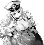  1girl azur_lane bangs bare_shoulders breasts choker cleavage eyebrows_visible_through_hair fur_trim gloves greyscale hand_on_hip hat highres hori_(hori_no_su) large_breasts military_hat mole mole_on_breast monochrome multicolored_hair off_shoulder official_art parted_bangs streaked_hair tallinn_(azur_lane) white_gloves 