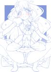 1girl bangs blue_theme cameltoe closed_mouth commentary_request crotch_seam cure_grace flower gloves hair_flower hair_ornament hanadera_nodoka healin&#039;_good_precure highres jacket long_hair looking_at_viewer magical_girl miniskirt miyagoe_yoshitsuki monochrome outside_border panties precure puffy_short_sleeves puffy_sleeves pussy_juice short_sleeves skirt smile solo spot_color spread_legs squatting underwear 