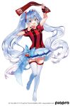  ;d ahoge arm_up bangs blue_bow blue_hair blush boots bow clothes_writing commentary consadole_sapporo eyebrows_visible_through_hair frilled_skirt frills gradient_hair hand_up hanekoto hatsune_miku high_heel_boots high_heels highres holding jersey leg_up long_hair looking_at_viewer miniskirt multicolored_hair number official_art one_eye_closed open_mouth red_shirt shirt short_sleeves silver_hair simple_background skirt smile standing standing_on_one_leg striped striped_shirt sweatband thigh_boots thighhighs twintails vertical-striped_shirt vertical_stripes very_long_hair vocaloid white_background white_skirt zettai_ryouiki 