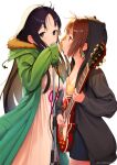  2girls akiyama_mio animal_hood artist_name bangs black_eyes black_hair black_hoodie blue_shorts blush breasts brown_eyes brown_hair commentary covered_mouth cowboy_shot dress earrings electric_guitar english_commentary eyebrows_visible_through_hair from_side fur-trimmed_jacket fur_trim guitar highres hirasawa_yui hood hooded_jacket hoodie instrument jacket jewelry k-on! light_particles long_hair long_sleeves looking_at_another looking_at_viewer looking_to_the_side medium_breasts meowster microphone microphone_stand multiple_girls parted_bangs parted_lips pink_dress plectrum red_ribbon ribbon shiny shiny_hair short_hair shorts sideways_glance simple_background singing! sleeves_past_wrists small_breasts standing white_background 