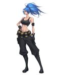  1girl absurdres armlet bangs bare_shoulders belt black_gloves black_tank_top blue_eyes blue_hair boots breasts cargo_pants commentary earrings english_commentary full_body gas_can gloves hand_on_hip highres jewelry kinglee leona_heidern looking_at_viewer medium_breasts midriff navel pants ponytail pouch simple_background sleeveless snk solo standing tank_top the_king_of_fighters the_king_of_fighters_xiii triangle_earrings white_background 