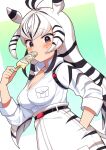  animal_ears animal_print black_hair blush brown_eyes chapman&#039;s_zebra_(kemono_friends) collared_shirt commentary_request eating expressionless eyebrows_visible_through_hair food hand_in_pocket high-waist_shorts highres kamuraaa_615 kemono_friends long_hair looking_at_viewer multicolored_hair popsicle shirt short_sleeves shorts two-tone_hair white_hair white_shirt white_shorts zebra_ears zebra_girl zebra_print 