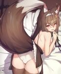  1girl 5danny1206 :d absurdres animal_ear_fluff animal_ears ass bare_back bare_shoulders breasts brown_hair brown_legwear eyebrows_visible_through_hair fox_ears fox_tail from_behind hair_between_eyes hairband highres long_hair looking_at_viewer lying medium_breasts on_stomach open_mouth original panties red_eyes sideboob smile solo tail thighhighs underwear white_hairband white_panties 