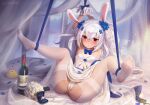  1girl arms_up azur_lane blue_bow blue_flower blue_neckwear blush bottle bound bound_ankles bound_arms bouquet bow bowtie breasts cameltoe closed_mouth copyright_name dress flower gloves hair_flower hair_ornament hair_spread_out high_heels laffey_(azur_lane) laffey_(white_rabbit&#039;s_oath)_(azur_lane) leotard long_hair looking_at_viewer manjuu_(azur_lane) official_alternate_costume pantyhose red_eyes ring_box sarena small_breasts solo spread_legs thighband_pantyhose torn_clothes torn_legwear twintails very_long_hair wedding_dress white_flower white_footwear white_gloves white_hair white_legwear white_leotard wine_bottle 