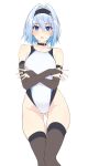  1girl bangs bare_shoulders black_legwear blue_eyes blue_hair blush breasts bridal_gauntlets choker collar collarbone detached_sleeves hair_intakes hair_ornament halcon highleg highleg_swimsuit highres looking_at_viewer medium_breasts one-piece_swimsuit open_mouth ryuuou_no_oshigoto! short_hair simple_background snowflake_hair_ornament solo sora_ginko swimsuit thighhighs thighs white_background white_swimsuit 