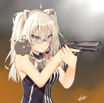  1girl ahoge aiming animal_ears bangs black_nails black_shirt breasts cleavage ear_piercing fingernails gradient gradient_background grey_eyes gun h&amp;k_hk45 hair_between_eyes handgun headset holding holding_gun holding_weapon hololive impossible_clothes impossible_shirt jewelry large_breasts lion_ears long_hair looking_away mocacoco339 nail_polish necklace piercing pistol safety_glasses see-through shirt shishiro_botan silver_hair skin_tight sleeveless sleeveless_shirt ssrb two_side_up upper_body virtual_youtuber weapon 