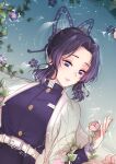  1girl black_hair blue_eyes blue_jacket butterfly_hair_ornament flower gradient_hair hair_intakes hair_ornament haori jacket japanese_clothes kimetsu_no_yaiba kochou_shinobu kyarotto_(zenkixd) long_hair long_sleeves lying multicolored_hair on_back parted_lips pink_flower purple_hair shiny shiny_hair solo upper_body water_surface 