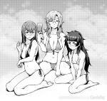  3girls absurdres artist_name bare_arms bare_legs bare_shoulders barefoot bikini blush breast_squeeze breasts cameltoe cellphone closed_mouth embarrassed fingernails flip_phone geewhy glasses greyscale hand_up highres hiyajou_maho holding holding_phone jitome kiryuu_moeka large_breasts legs long_hair looking_at_viewer makise_kurisu medium_breasts messy_hair monochrome multiple_girls nose_blush parted_lips phone seiza semi-rimless_eyewear side-tie_bikini sitting small_breasts steins;gate steins;gate_0 sweat swimsuit under-rim_eyewear wariza 