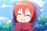  1girl anime_coloring bangs blue_bow blue_sky bow cato_(monocatienus) chain-link_fence closed_eyes commentary_request day drooling face fence hair_between_eyes hair_bow open_mouth outdoors poncho portrait red_hair sekibanki short_hair sky solo touhou 